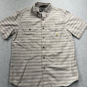 Carhartt M Loose Fit Gray Striped Cotton Short Sleeve Button-Up Shirt Workwear